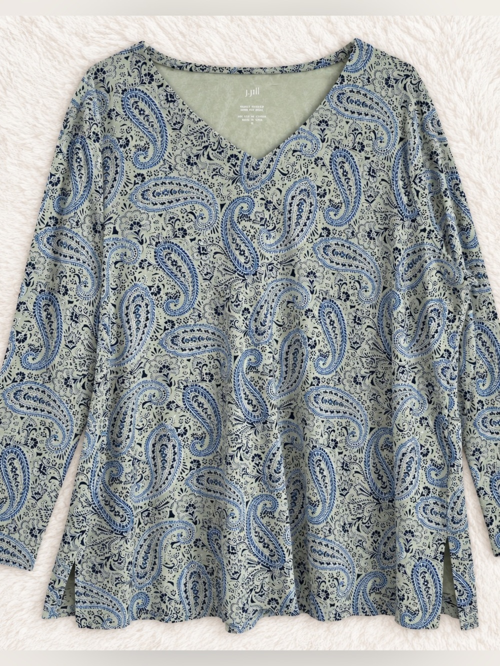 J.Jill Simply Supima Cotton Paisley Side-Slit Tunic XL Sage Blue V-Neck